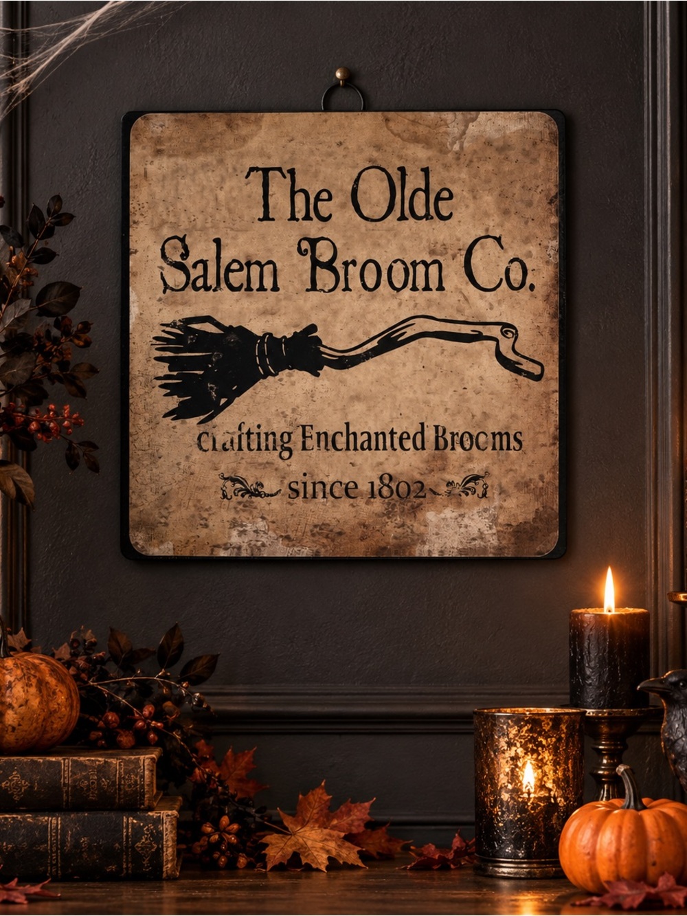 The Olde Salem Broom Co. Vintage-Inspired Witch Halloween Metal Sign
